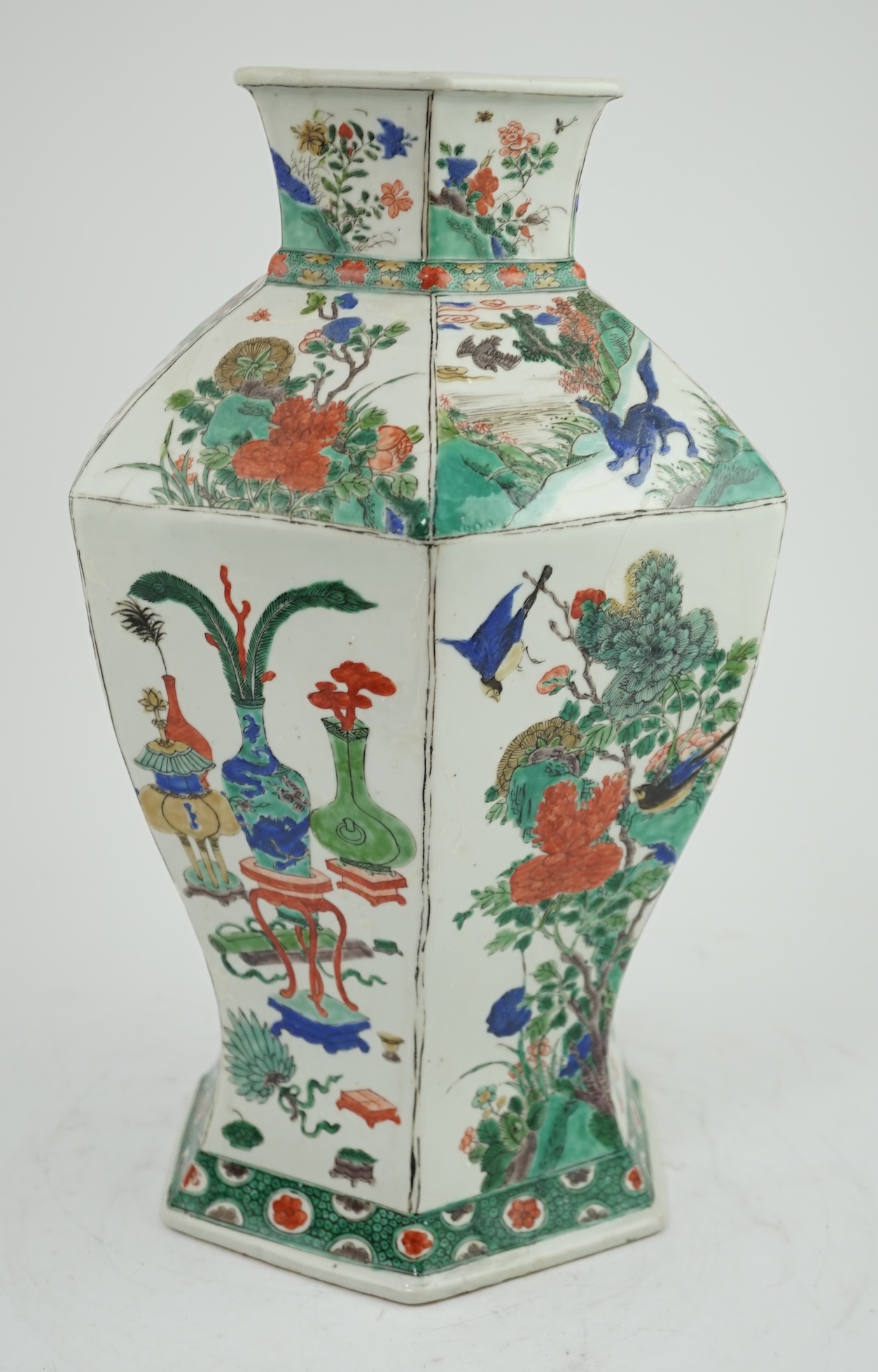 A large Chinese famille verte hexagonal baluster vase, Kangxi period